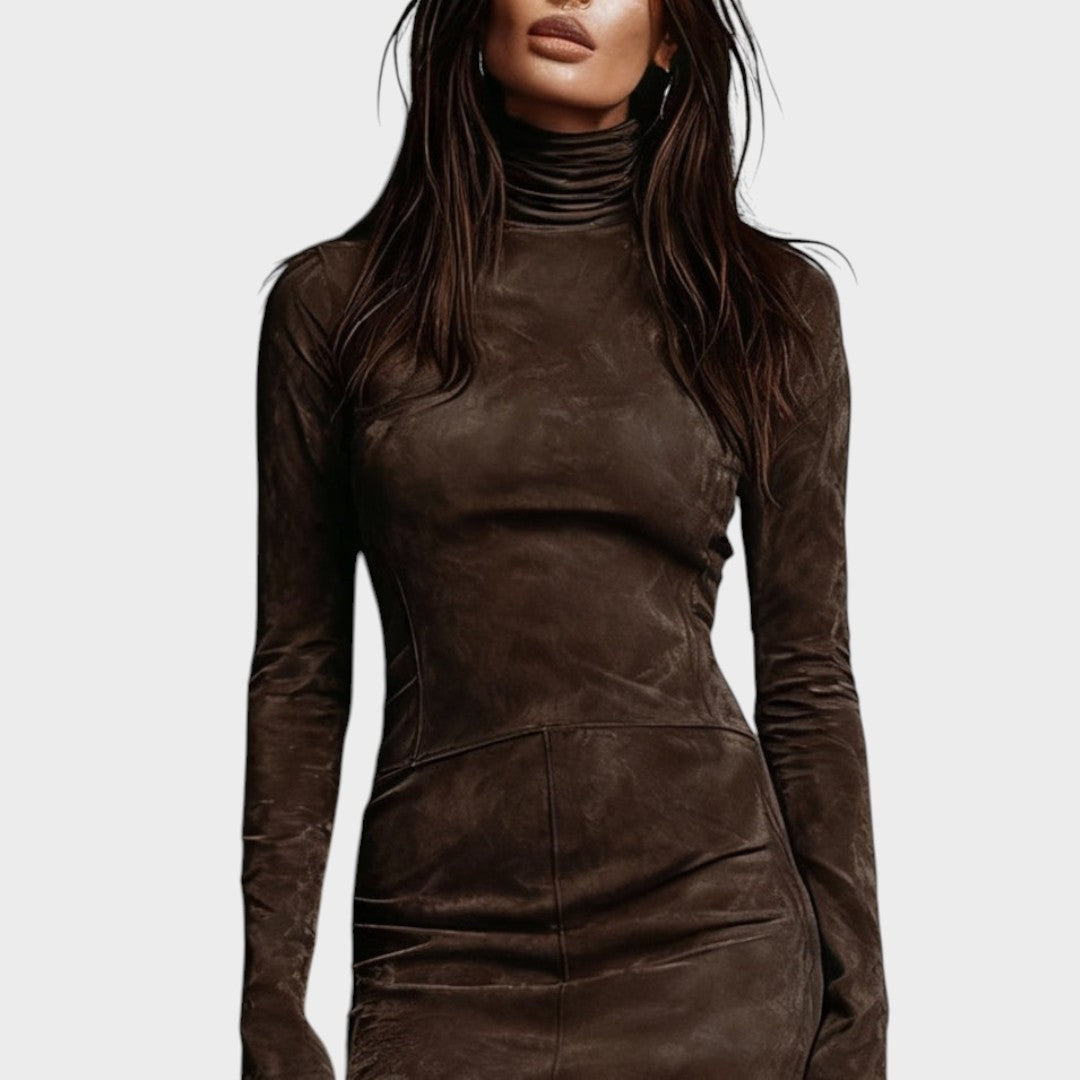 AUREA – Vestido Corto de Ante con Cuello Alto