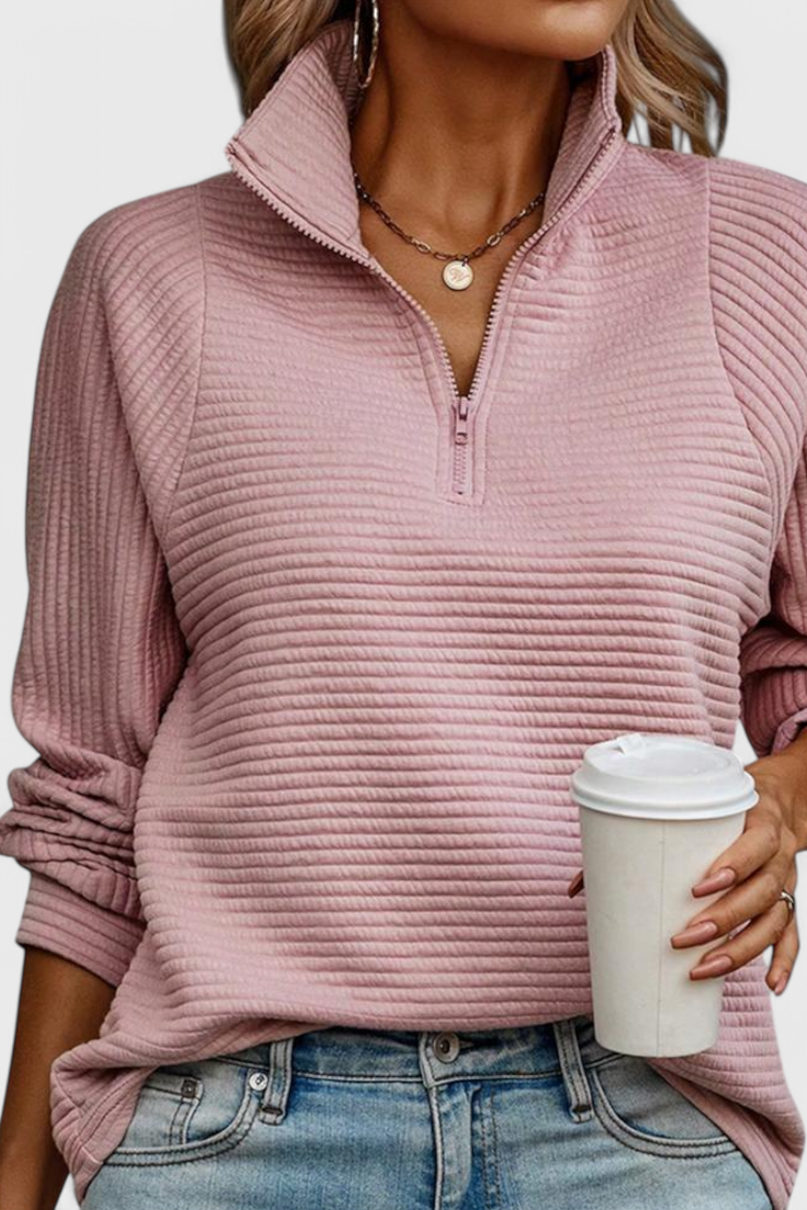 HELENE – Jersey de Cuello en V con Cremallera y Manga Larga