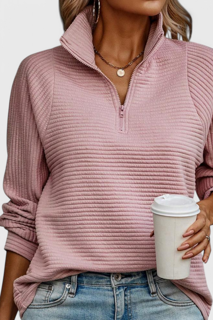 HELENE – Jersey de Cuello en V con Cremallera y Manga Larga