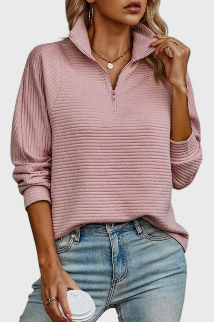 HELENE – Jersey de Cuello en V con Cremallera y Manga Larga