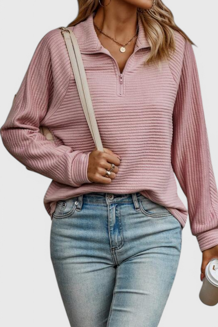 HELENE – Jersey de Cuello en V con Cremallera y Manga Larga