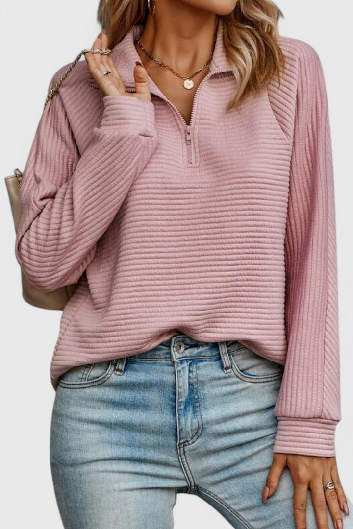 HELENE – Jersey de Cuello en V con Cremallera y Manga Larga