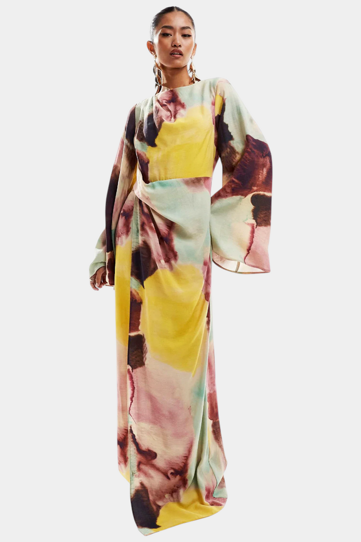 DANA – Vestido Maxi con Estampado de Acuarela y Frontal Torcido