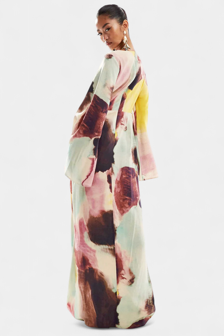 DANA – Vestido Maxi con Estampado de Acuarela y Frontal Torcido