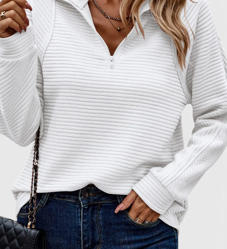 HELENE – Jersey de Cuello en V con Cremallera y Manga Larga