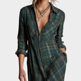 CALIPSO – Vestido largo camisero de cuadros verdes