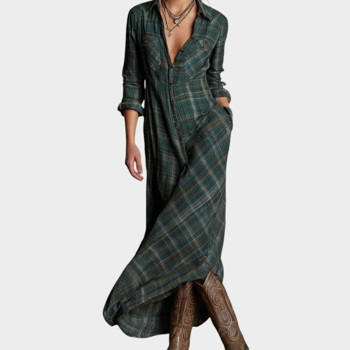 CALIPSO – Vestido largo camisero de cuadros verdes