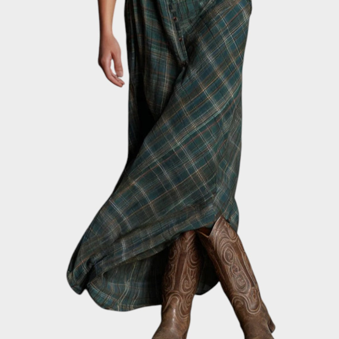 CALIPSO – Vestido largo camisero de cuadros verdes