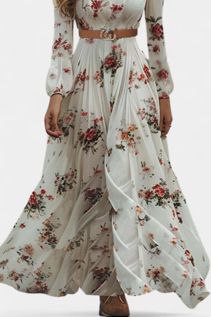 AMANDA – Vestido Maxi Floral con Cuello en V y Mangas Largas