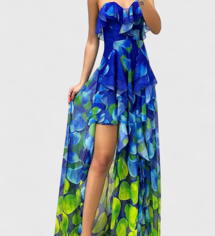 ANDY – Vestido Maxi Sin Mangas con Capas de Volantes y Abertura Gradiente