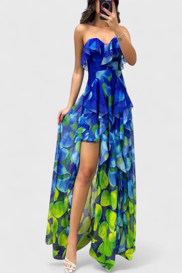 ANDY – Vestido Maxi Sin Mangas con Capas de Volantes y Abertura Gradiente