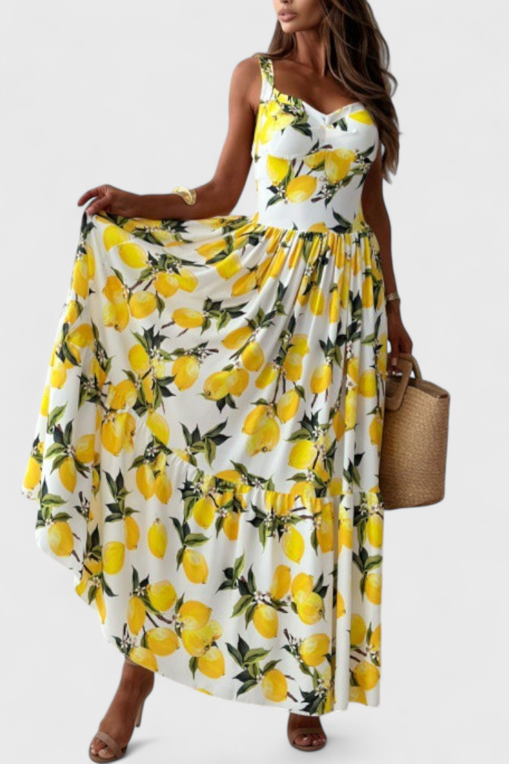 HUDA – Vestido Maxi Estampado de Limones con Tirantes y Abertura Lateral