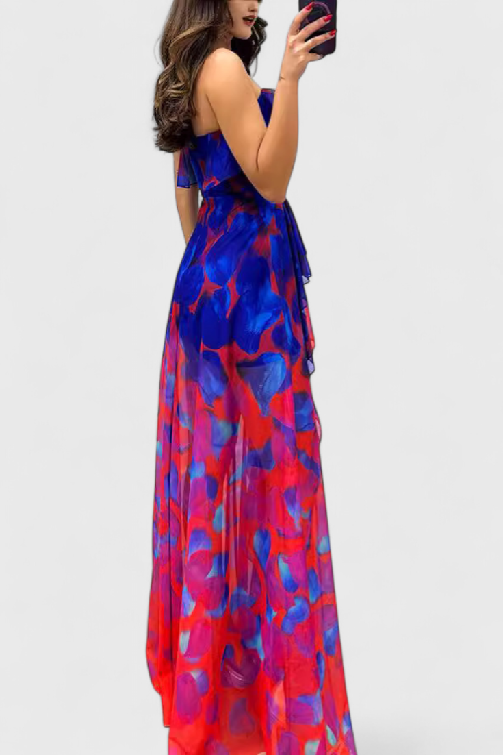ANDY – Vestido Maxi Sin Mangas con Capas de Volantes y Abertura Gradiente