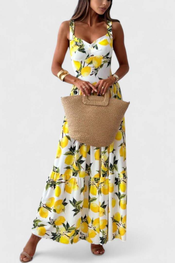 HUDA – Vestido Maxi Estampado de Limones con Tirantes y Abertura Lateral