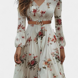 AMANDA – Vestido Maxi Floral con Cuello en V y Mangas Largas