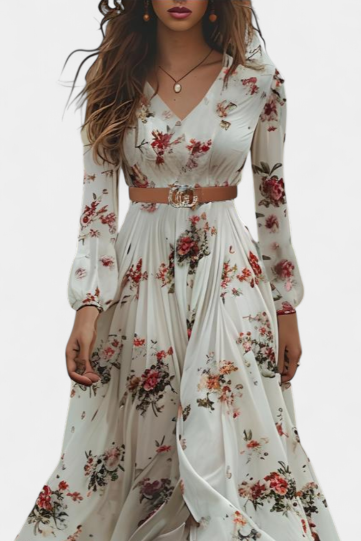 AMANDA – Vestido Maxi Floral con Cuello en V y Mangas Largas