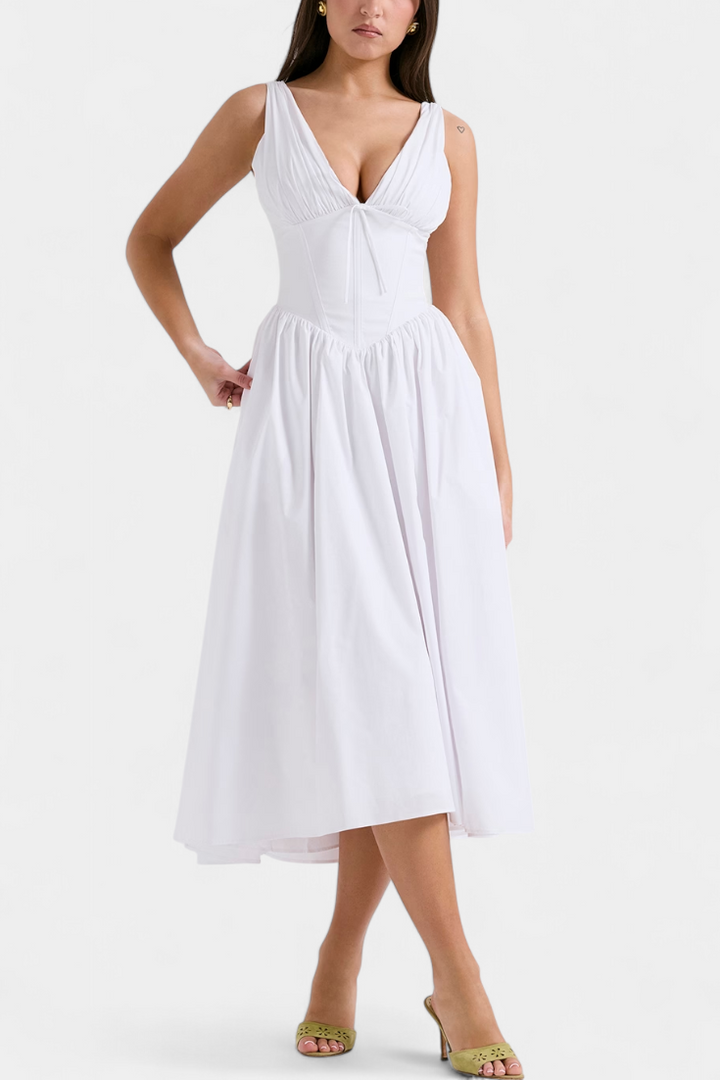 MARGIE – Vestido Midi de Escote en V y Estampado Floral Romántico