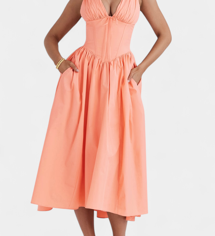 MARGIE – Vestido Midi de Escote en V y Estampado Floral Romántico