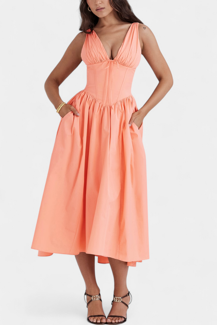 MARGIE – Vestido Midi de Escote en V y Estampado Floral Romántico