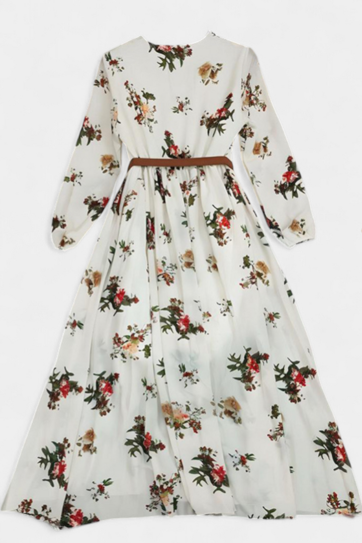 AMANDA – Vestido Maxi Floral con Cuello en V y Mangas Largas