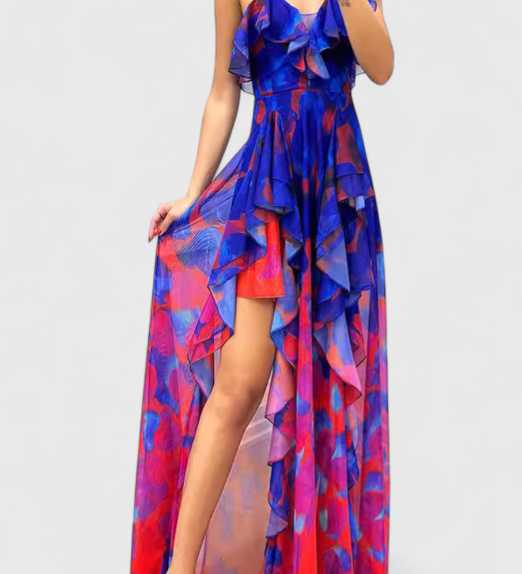 ANDY – Vestido Maxi Sin Mangas con Capas de Volantes y Abertura Gradiente