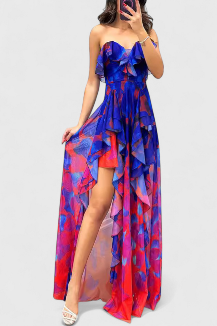 ANDY – Vestido Maxi Sin Mangas con Capas de Volantes y Abertura Gradiente