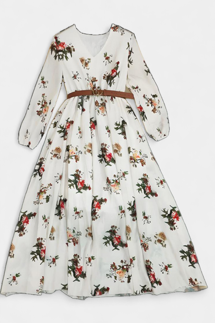 AMANDA – Vestido Maxi Floral con Cuello en V y Mangas Largas