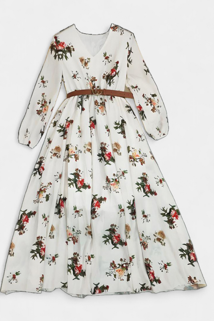 AMANDA – Vestido Maxi Floral con Cuello en V y Mangas Largas
