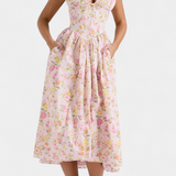 MARGIE – Vestido Midi de Escote en V y Estampado Floral Romántico