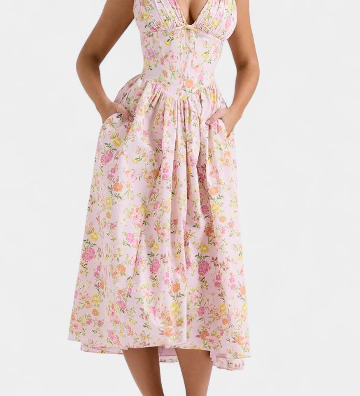 MARGIE – Vestido Midi de Escote en V y Estampado Floral Romántico