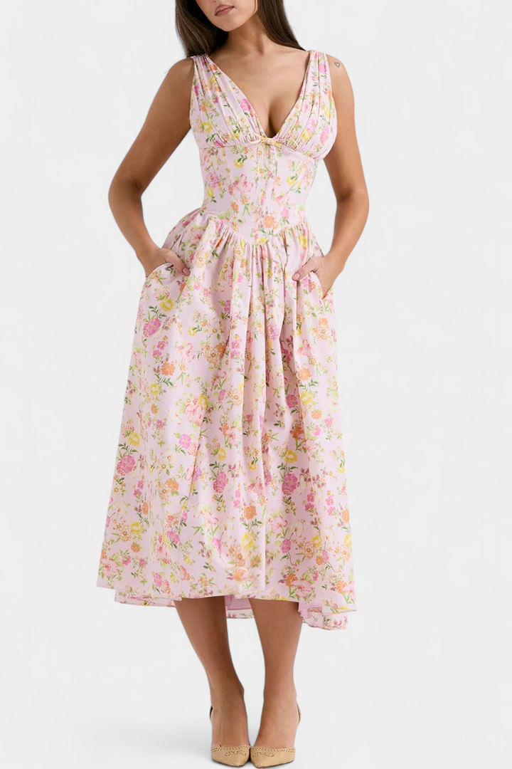 MARGIE – Vestido Midi de Escote en V y Estampado Floral Romántico