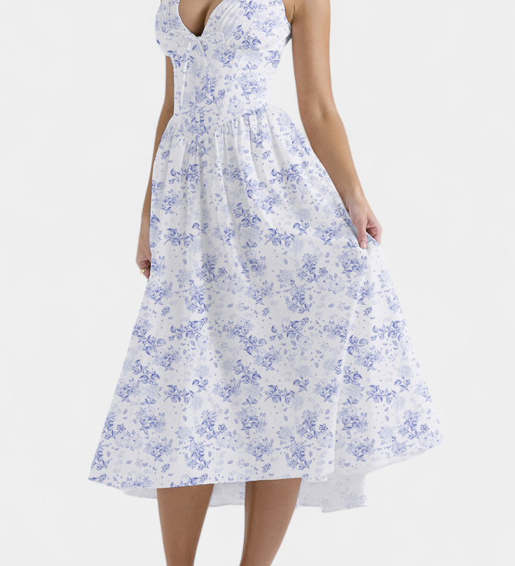 MARGIE – Vestido Midi de Escote en V y Estampado Floral Romántico