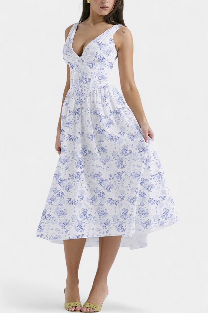MARGIE – Vestido Midi de Escote en V y Estampado Floral Romántico