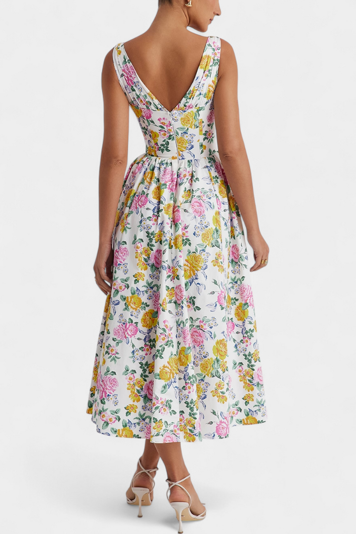 MARGIE – Vestido Midi de Escote en V y Estampado Floral Romántico