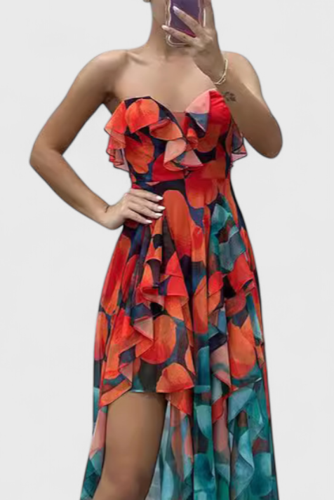 ANDY – Vestido Maxi Sin Mangas con Capas de Volantes y Abertura Gradiente