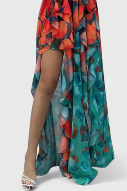 ANDY – Vestido Maxi Sin Mangas con Capas de Volantes y Abertura Gradiente