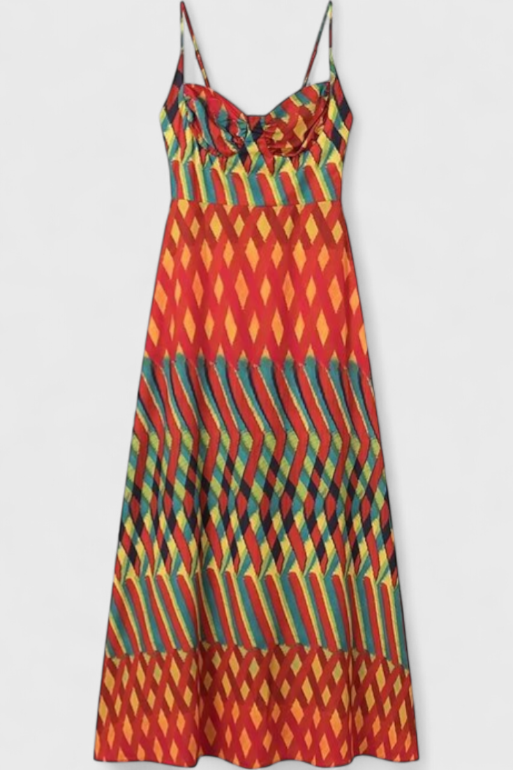 JANIS – Vestido Maxi con Estampado Artístico y Escote Halter Sweetheart