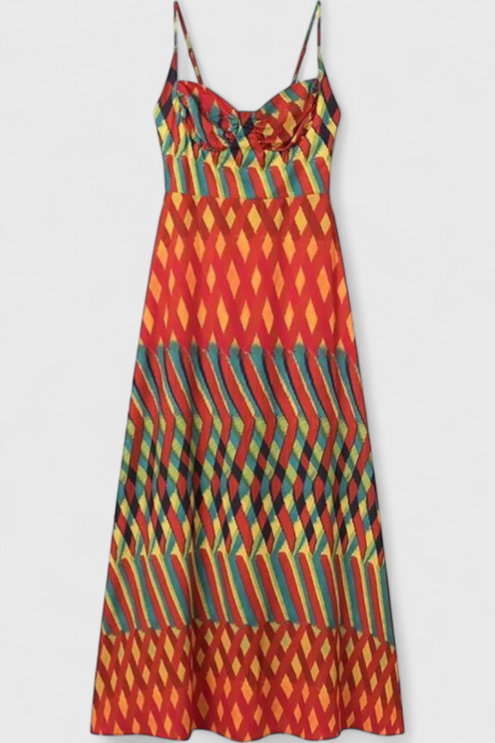 JANIS – Vestido Maxi con Estampado Artístico y Escote Halter Sweetheart