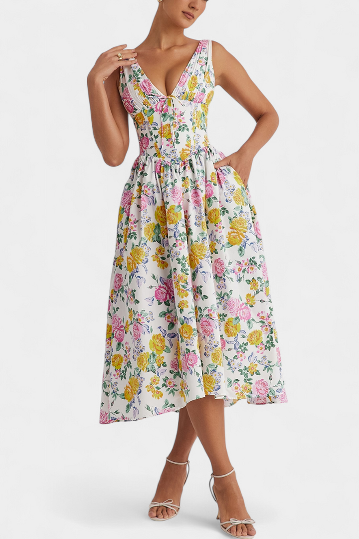 MARGIE – Vestido Midi de Escote en V y Estampado Floral Romántico