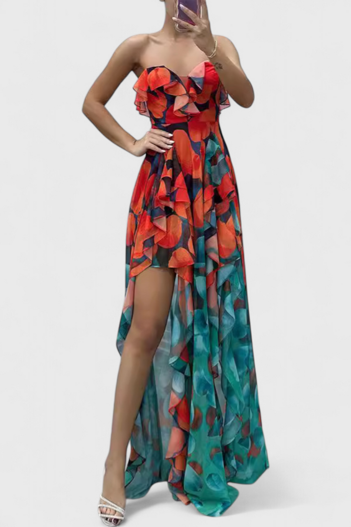 ANDY – Vestido Maxi Sin Mangas con Capas de Volantes y Abertura Gradiente