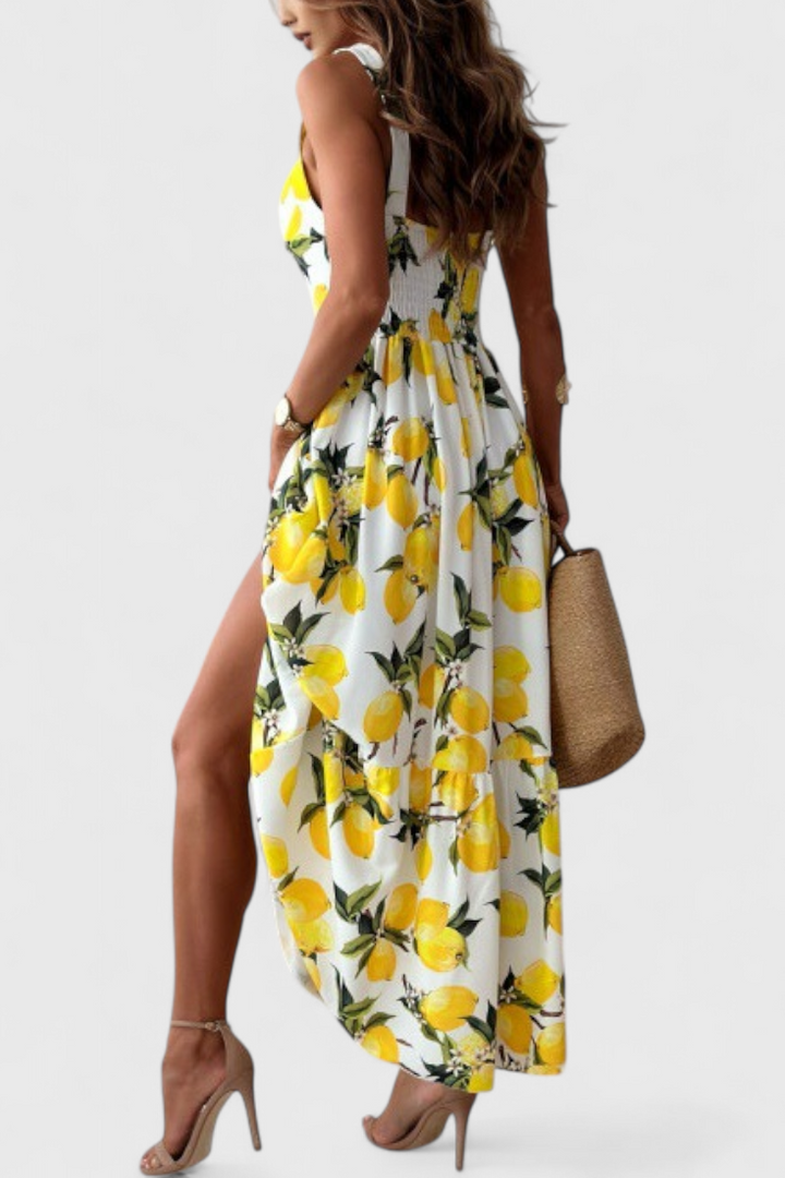 HUDA – Vestido Maxi Estampado de Limones con Tirantes y Abertura Lateral