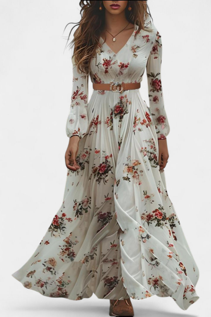 AMANDA – Vestido Maxi Floral con Cuello en V y Mangas Largas
