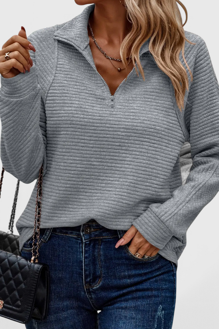 HELENE – Jersey de Cuello en V con Cremallera y Manga Larga