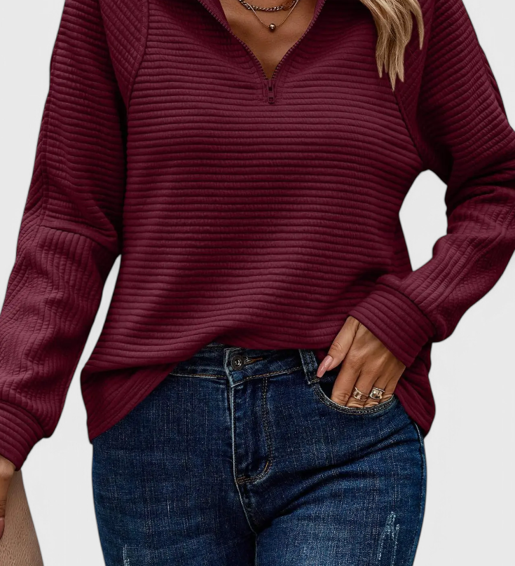 HELENE – Jersey de Cuello en V con Cremallera y Manga Larga