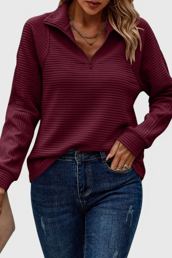 HELENE – Jersey de Cuello en V con Cremallera y Manga Larga