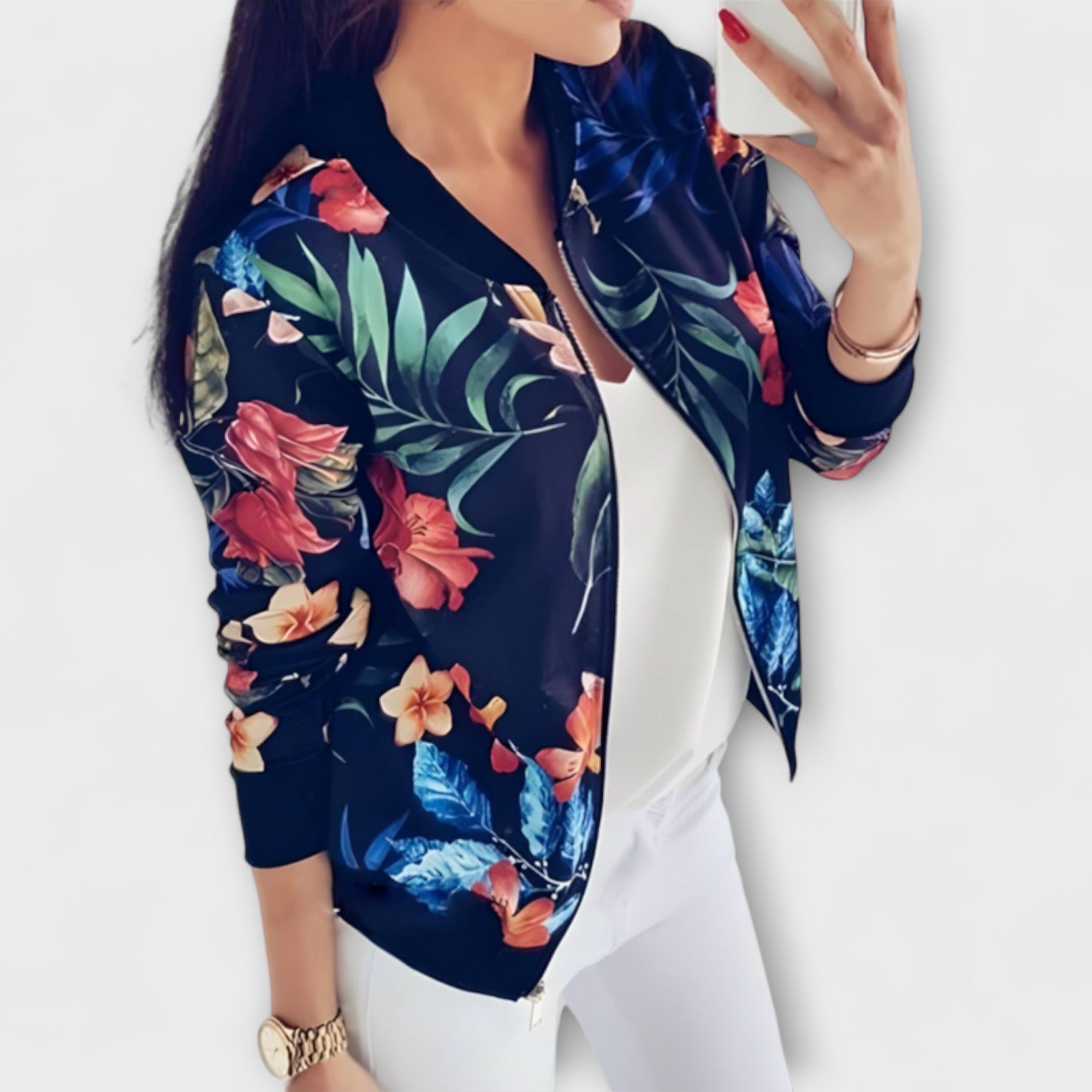 ANDREIA – Chaqueta bomber elegante con patrón floral