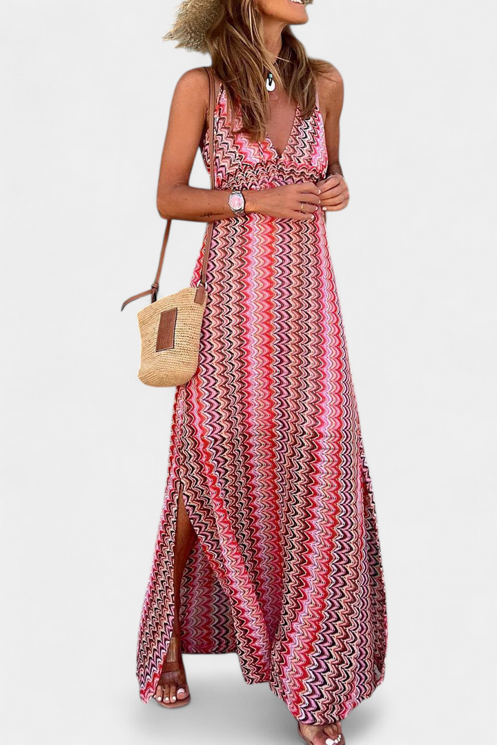 JENI – Vestido Largo Boho con Escote Halter y Estampado Tribal