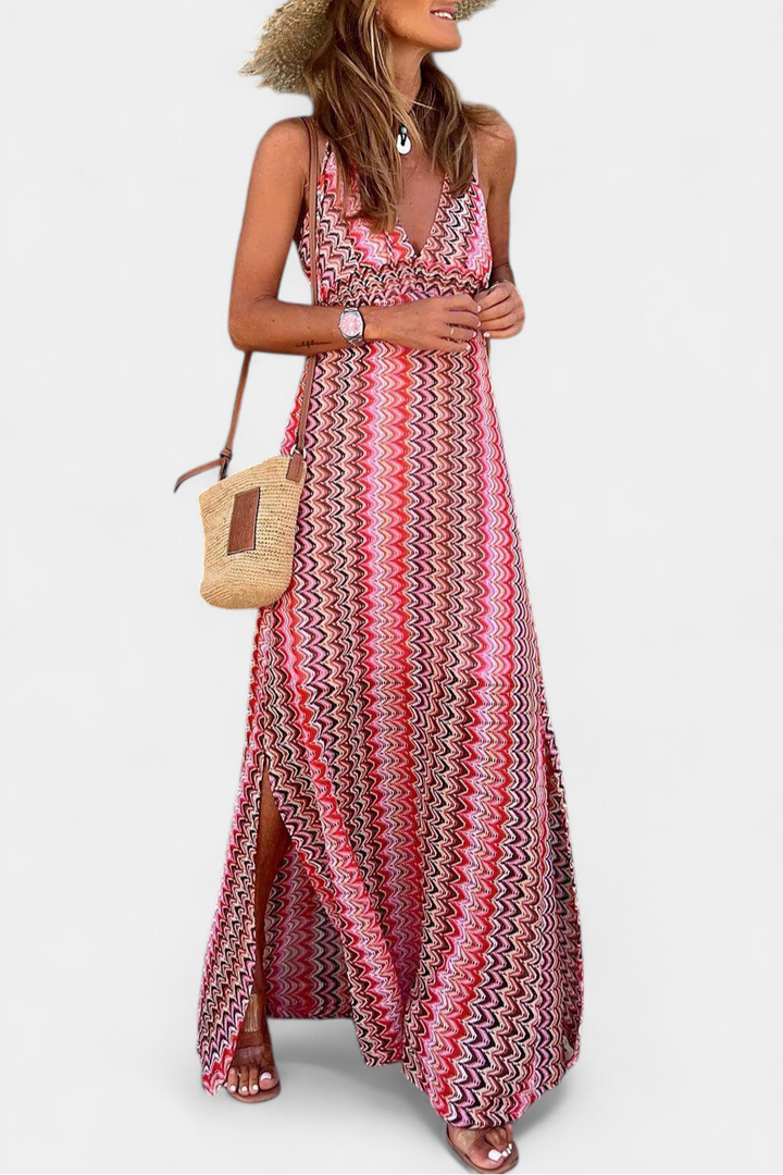 JENI – Vestido Largo Boho con Escote Halter y Estampado Tribal